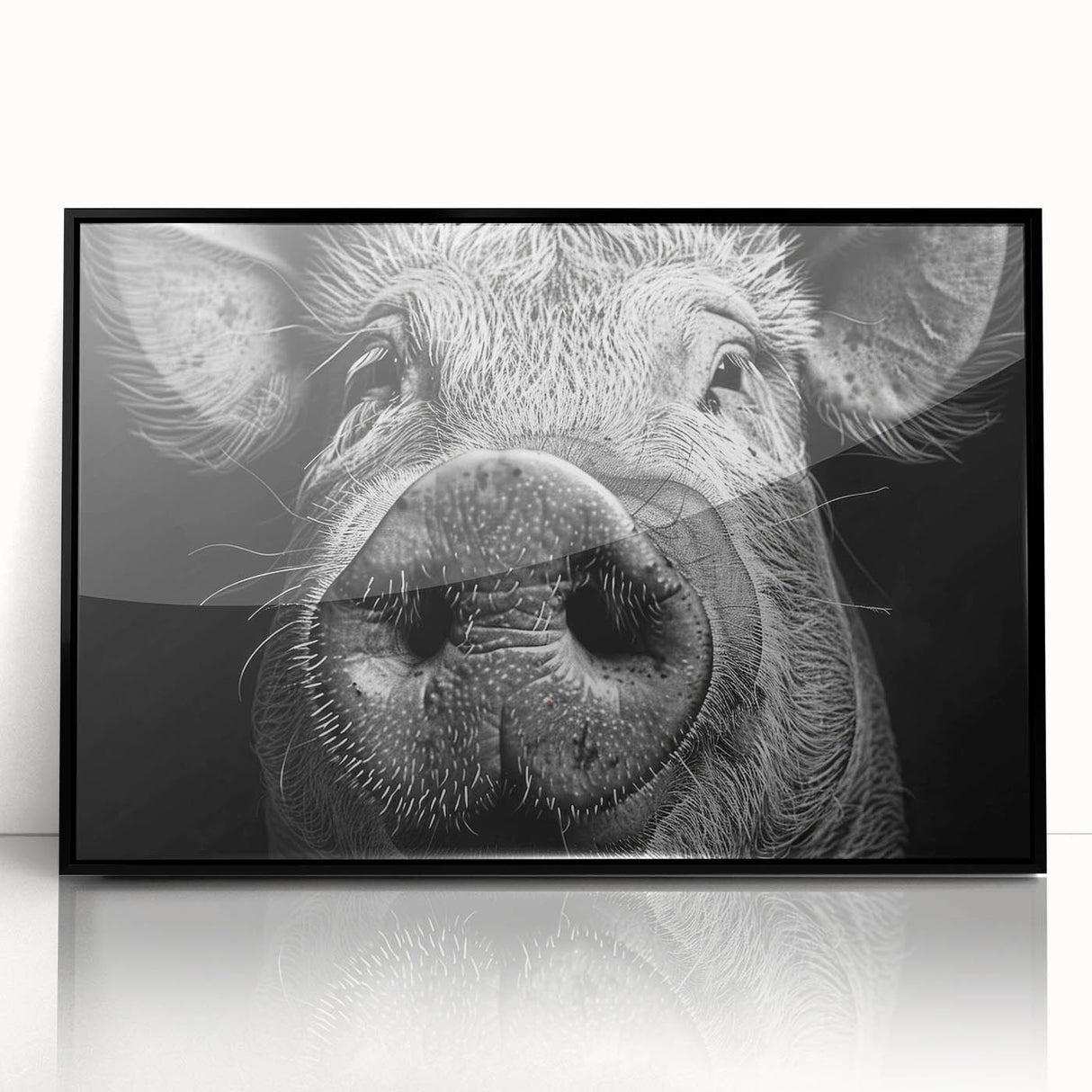 Framed wall art featuring a playful pig design on a black background, showcasing vibrant colors and intricate details, perfect for animal lovers and home decor enthusiasts.