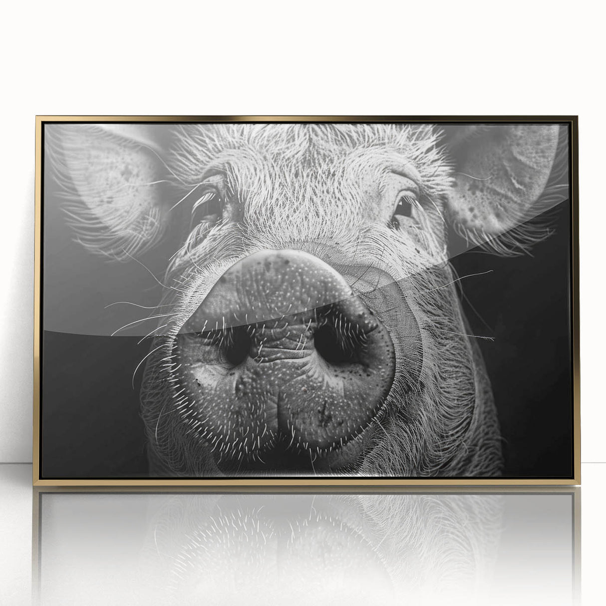 Framed wall art featuring a whimsical pig design with a gold-accented acrylic front, perfect for adding a playful touch to home decor. Ideal for animal lovers and modern interiors.