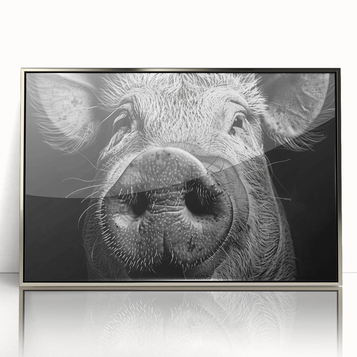 Framed wall art featuring a whimsical pig design in vibrant colors, set against a silver acrylic background, perfect for animal lovers and modern decor.