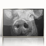Framed wall art featuring a whimsical pig design in vibrant colors, set against a silver acrylic background, perfect for animal lovers and modern decor.