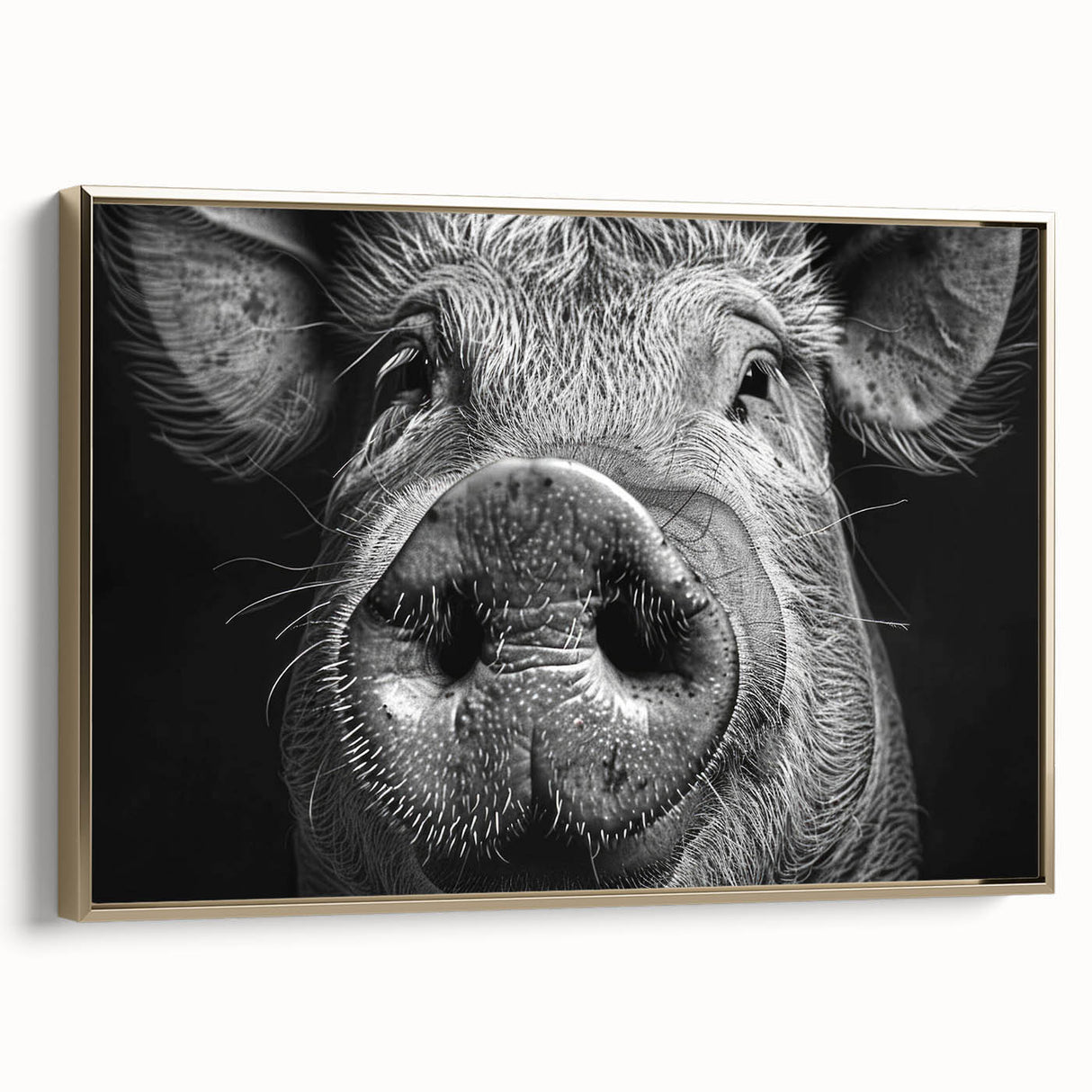 Framed canvas wall art showcasing a whimsical pig design, featuring gold accents and a vibrant color palette, perfect for animal lovers and home décor enthusiasts.