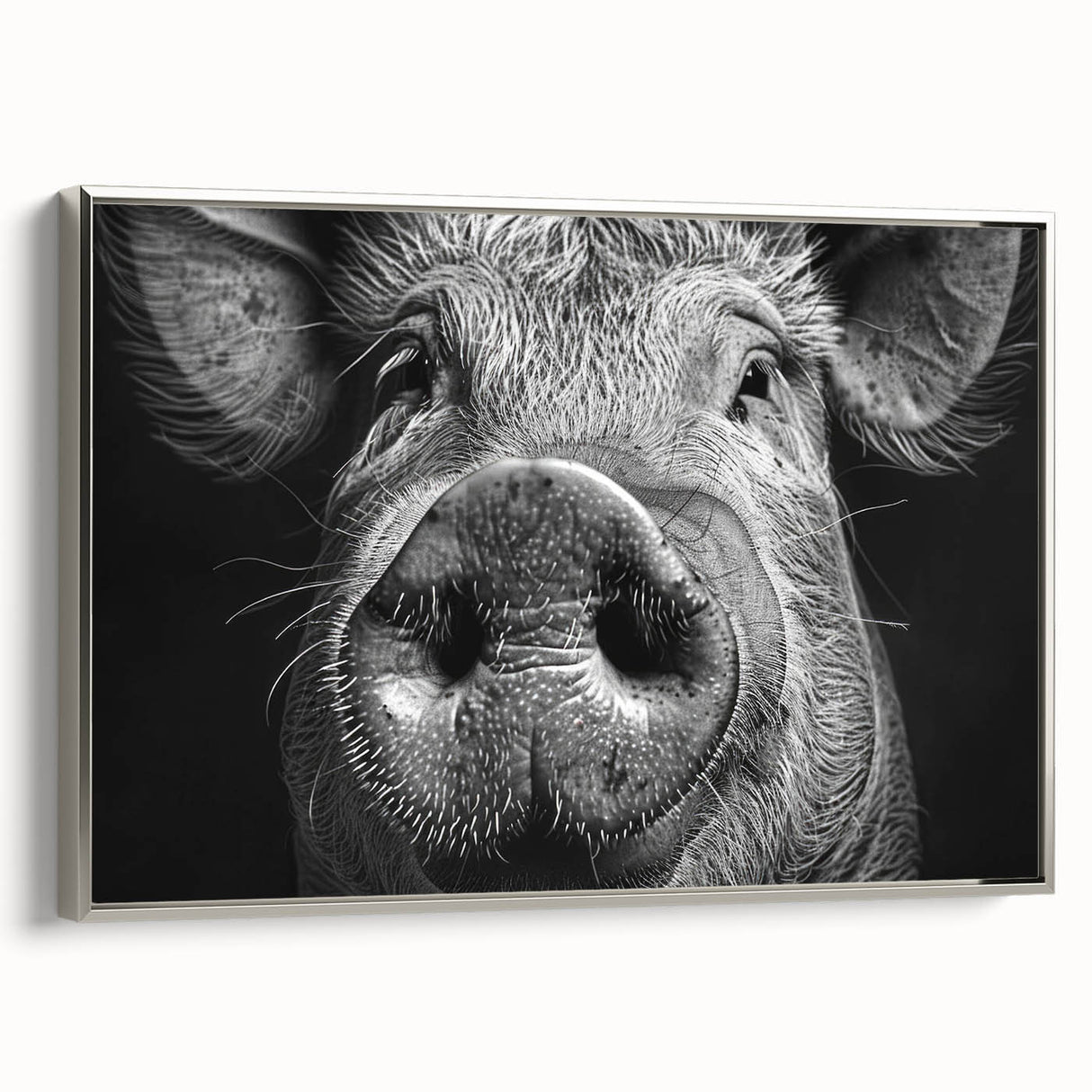 Framed canvas wall art showcasing a stylized pig design in a wild life theme, featuring silver accents and a sleek side view, perfect for animal lovers' decor.