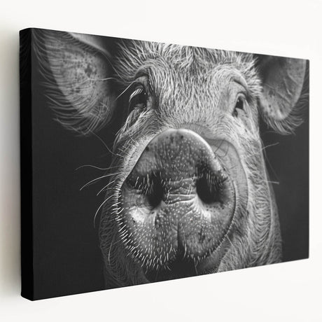 Stretched canvas wall art showcasing a whimsical pig design in vibrant colors, perfect for animal lovers and home decor enthusiasts, displayed from a side view.
