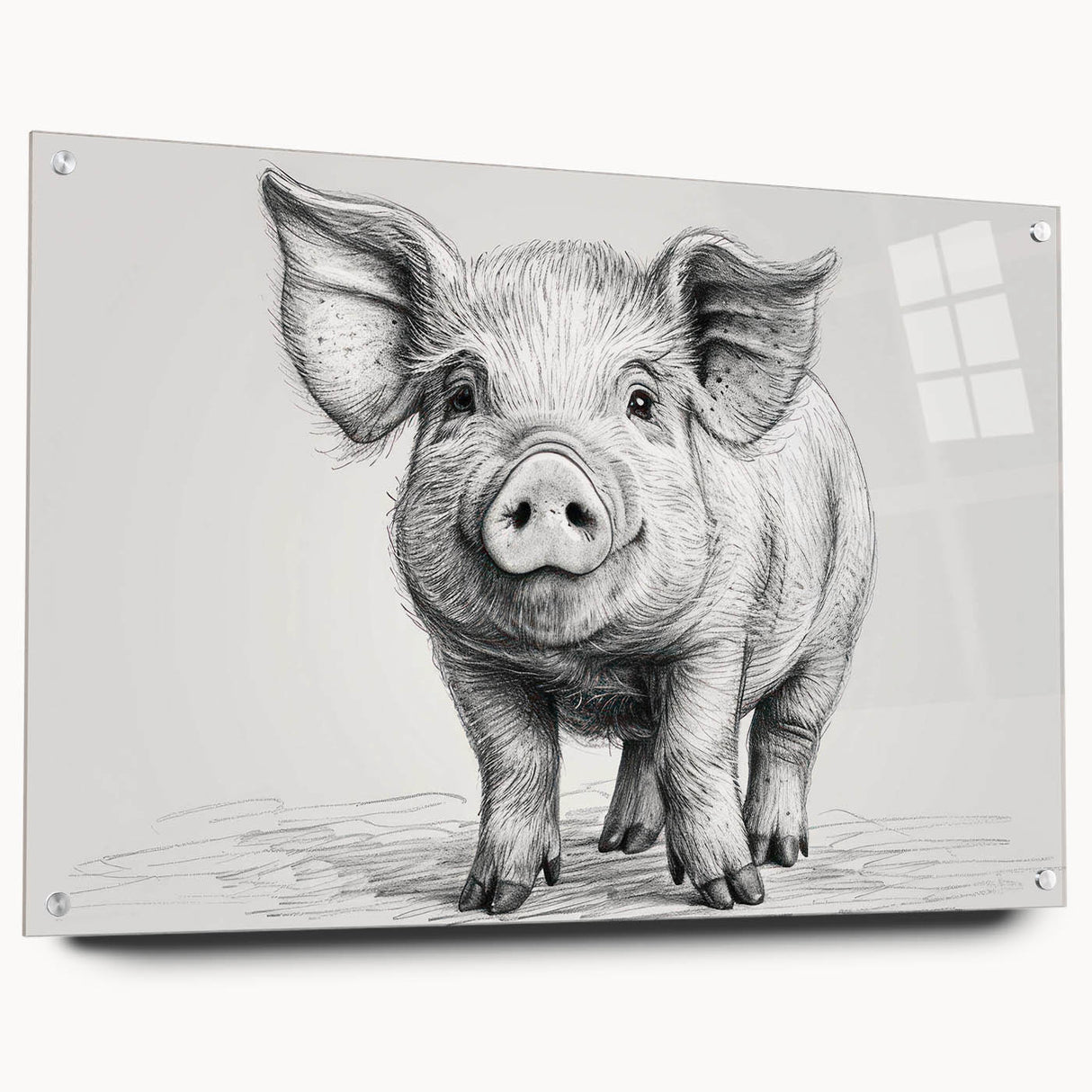 Acrylic glass wall art featuring a whimsical pig design from the Animals A Wild Life collection, displayed in a side view with decorative pins, perfect for animal lovers.