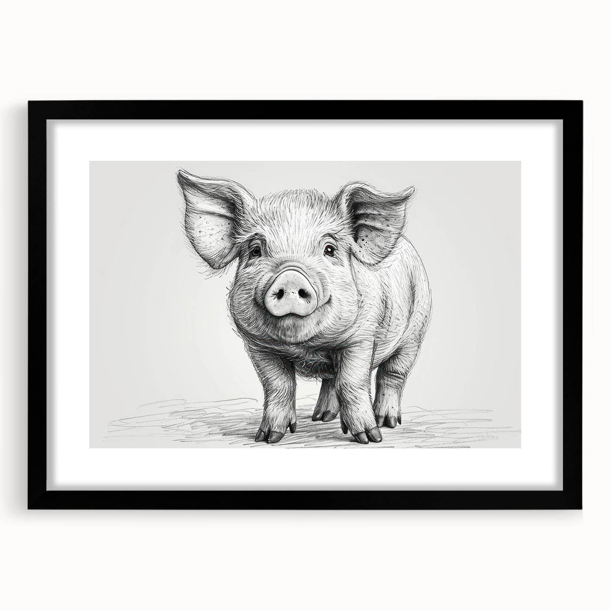 Black-framed wall art featuring a whimsical pig design from a wildlife collection, presented with a crisp white mat, ideal for animal lovers and modern decor.