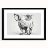 Black-framed wall art featuring a whimsical pig design from a wildlife collection, presented with a crisp white mat, ideal for animal lovers and modern decor.