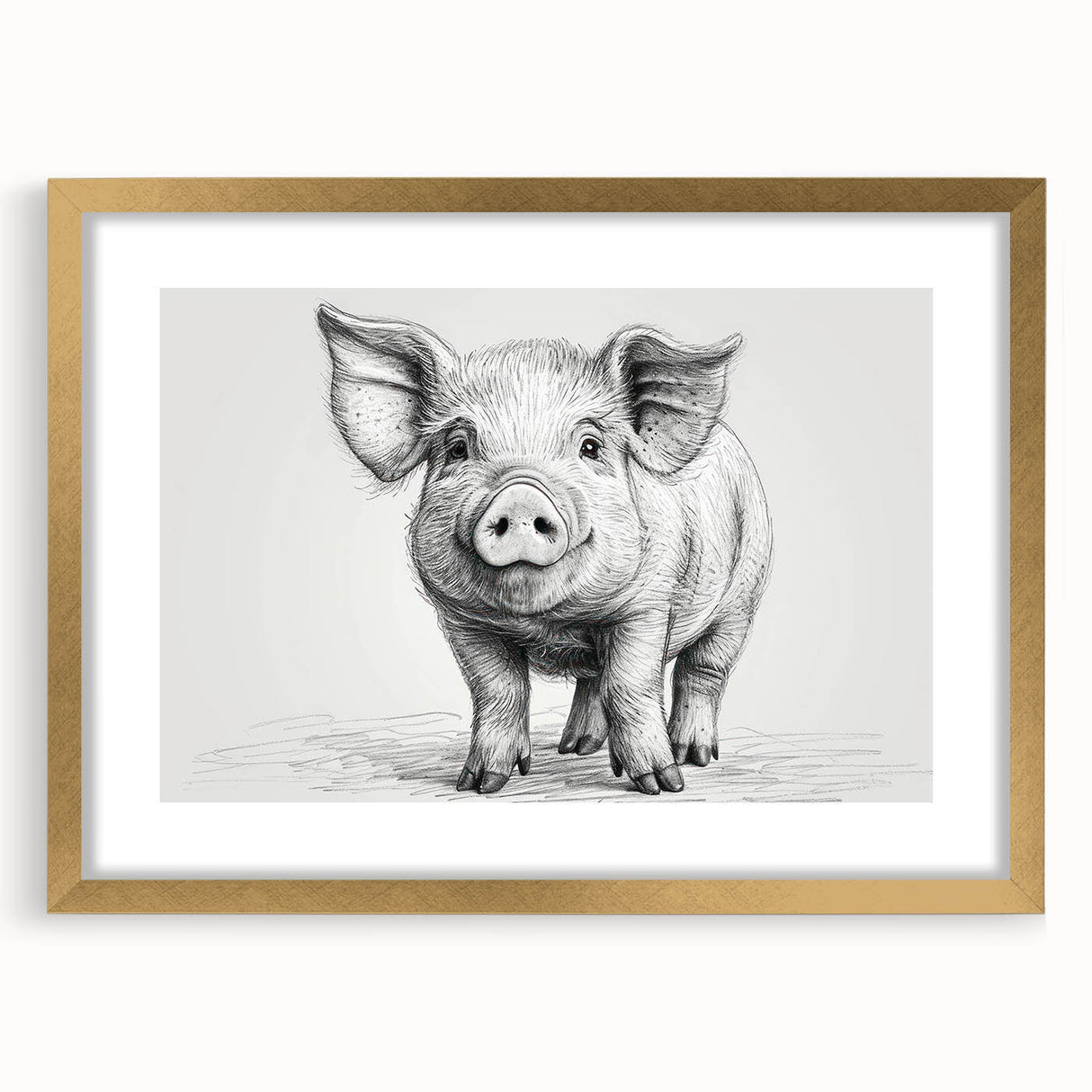 Gold-framed wall art featuring a whimsical pig design, set against a white background with a mat, ideal for animal lovers and home decor enthusiasts. Perfect for adding a playful touch to any room’s decor.