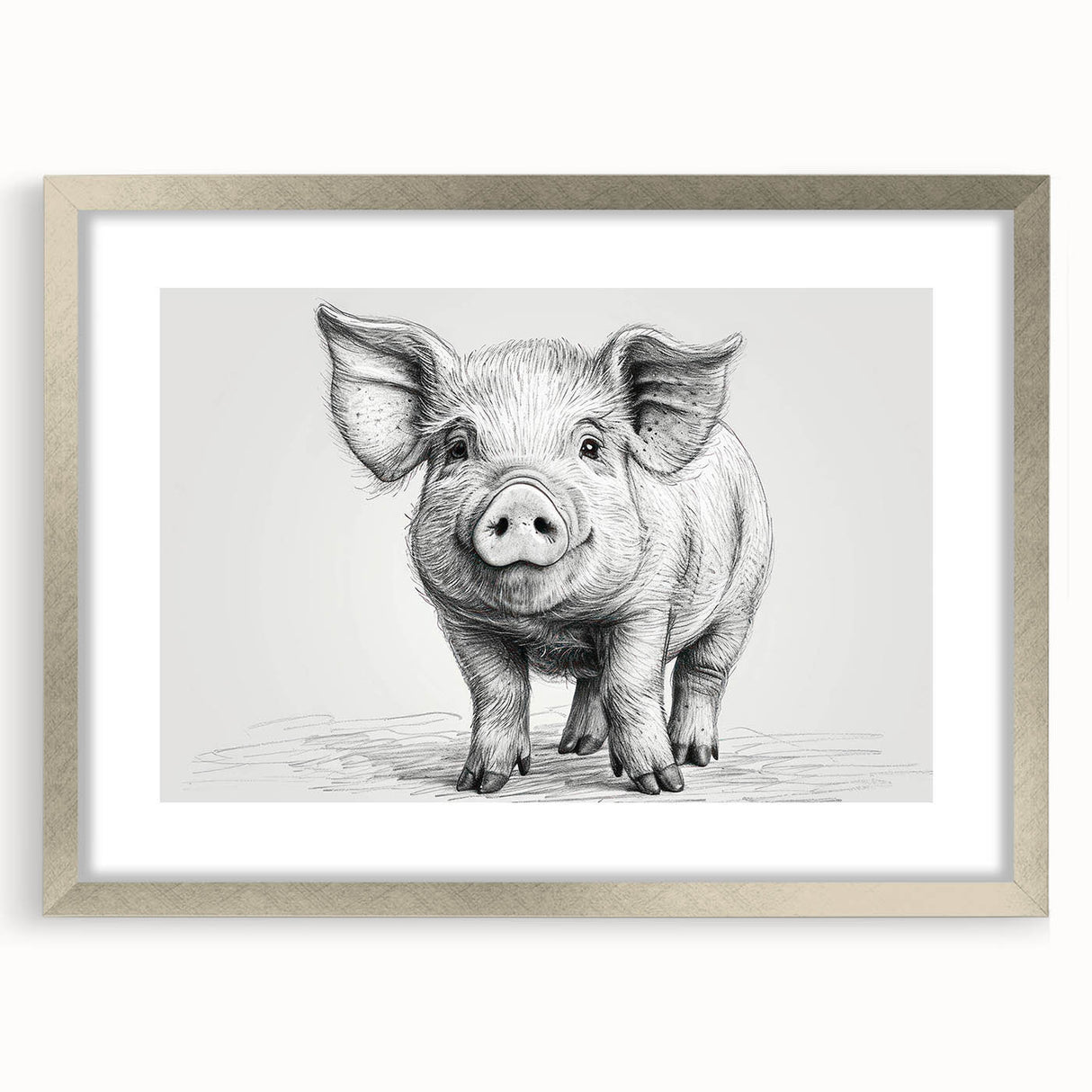 Framed wall art featuring a whimsical pig design from the 'Animals A Wild Life' collection, highlighted by a silver frame and white matting, perfect for animal lovers.