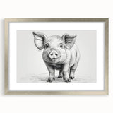 Framed wall art featuring a whimsical pig design from the 'Animals A Wild Life' collection, highlighted by a silver frame and white matting, perfect for animal lovers.