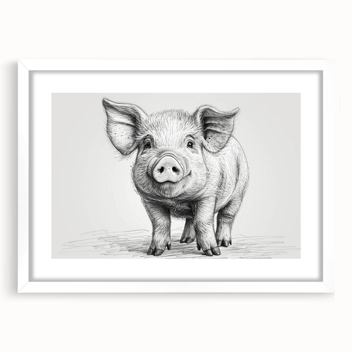 Stylish wall art featuring a minimalist pig design in a white frame, set against a neutral background, perfect for animal lovers and modern decor enthusiasts.