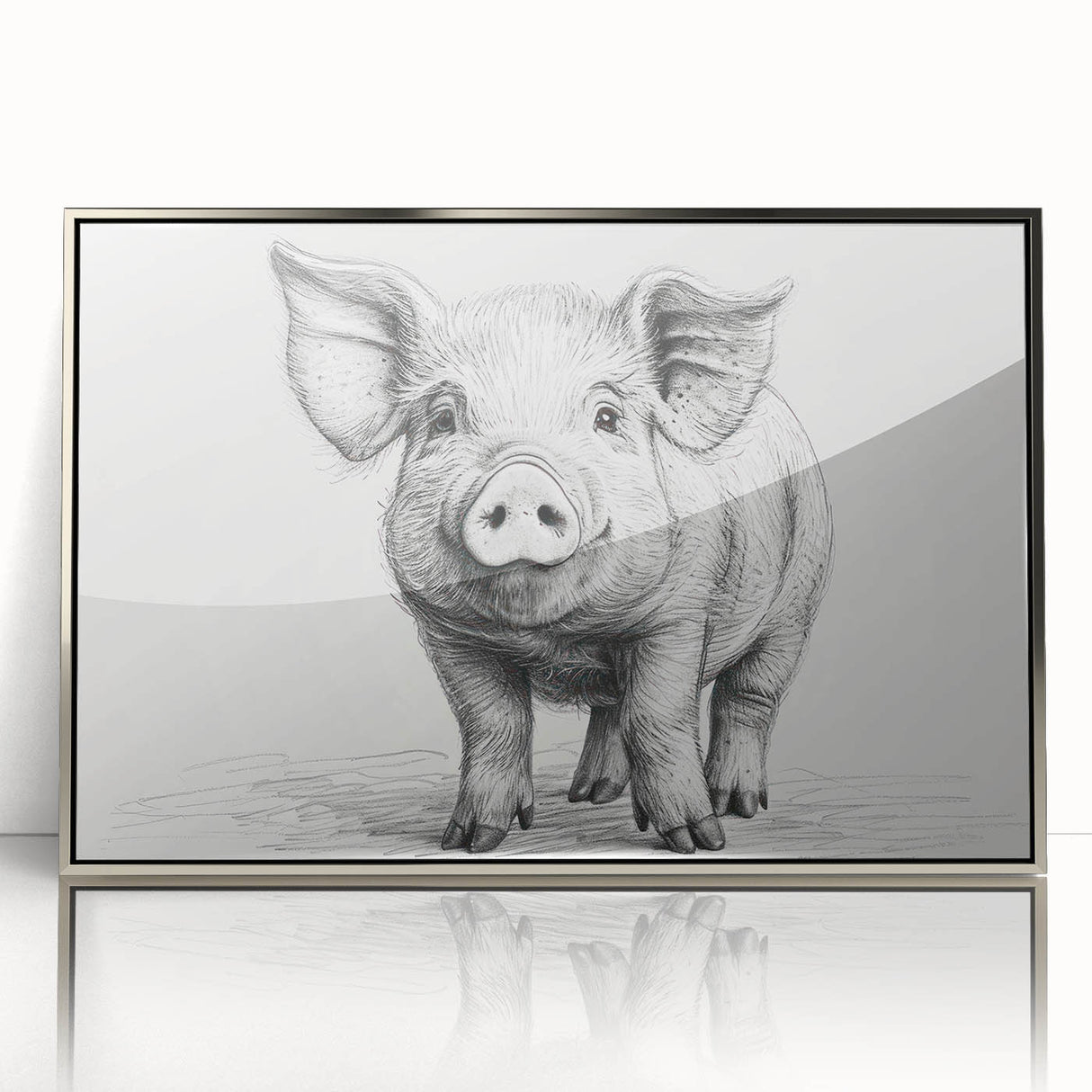 Framed wall art showcasing a whimsical pig design in vibrant colors, set against a silver acrylic background, perfect for animal lovers and modern decor.