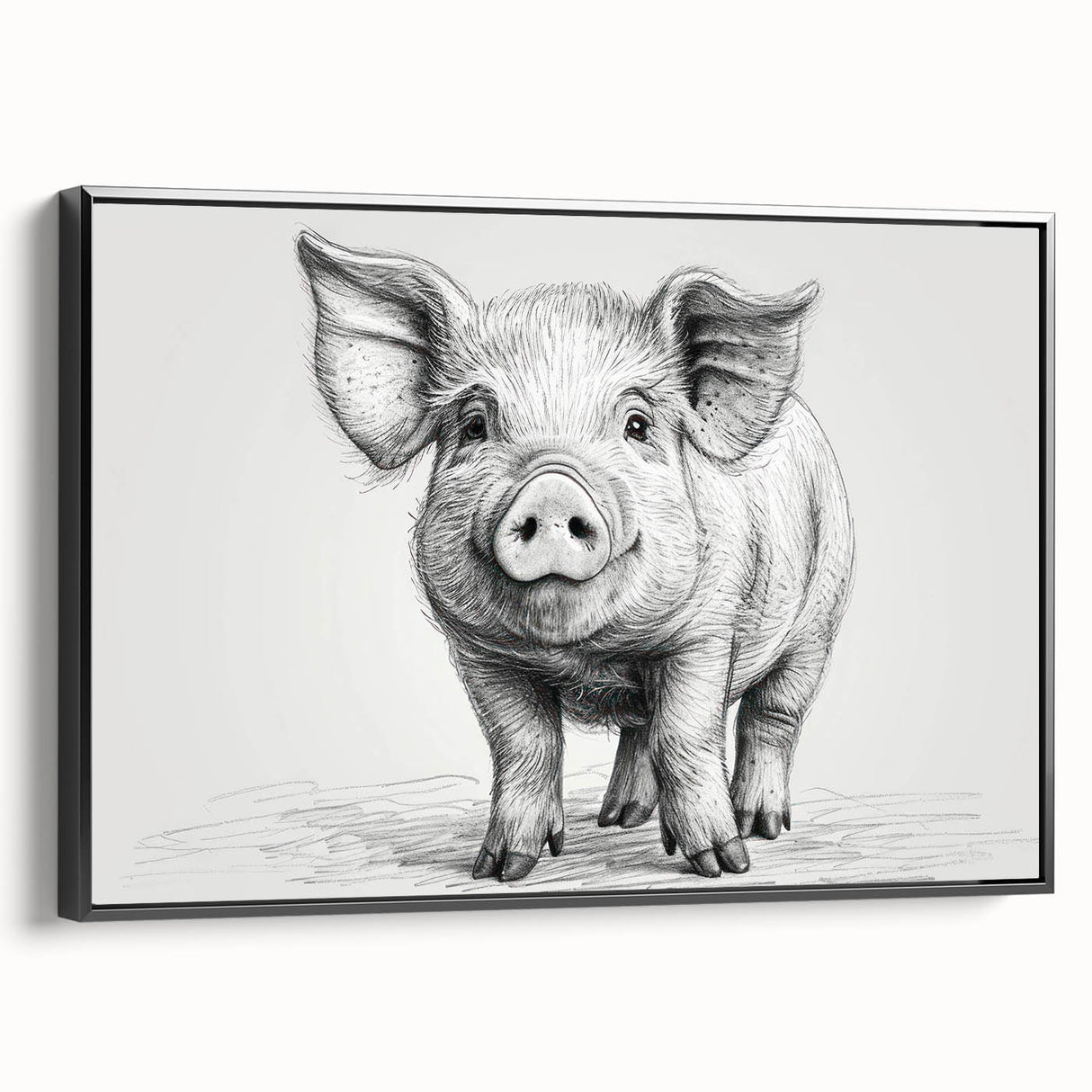 Framed canvas wall art featuring a whimsical pig design in a black frame, showcasing vibrant colors and playful details, ideal for animal lovers and modern decor.