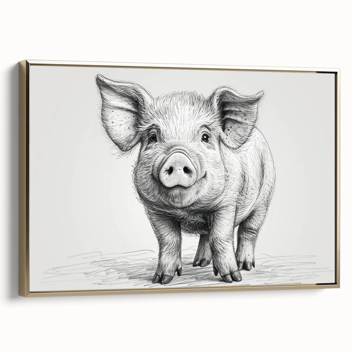 Framed wall art featuring a whimsical pig design in a vibrant gold frame, showcasing a playful and artistic representation of wildlife. Ideal for animal lovers and modern decor.