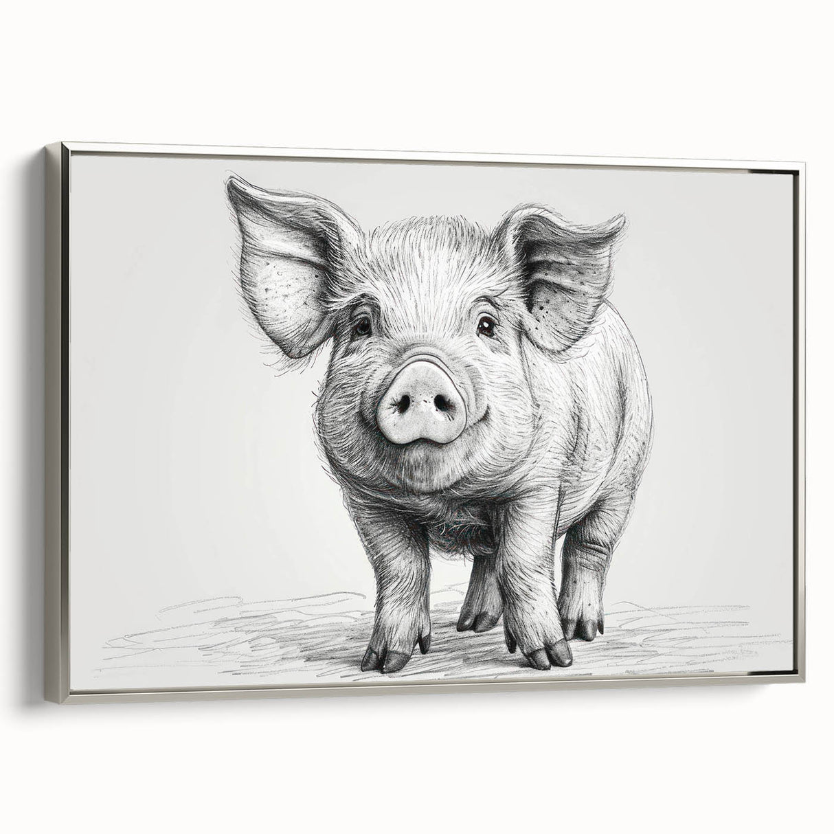 Framed wall art showcasing a whimsical pig design from the "Animals A Wild Life" collection, displayed in a sleek silver frame with a side view perspective, perfect for animal lovers.
