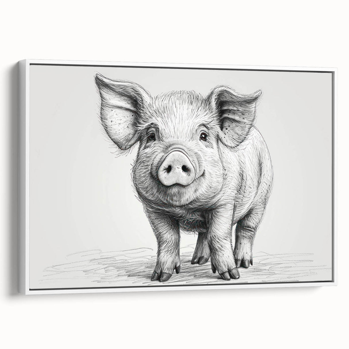 Framed canvas wall art featuring a whimsical pig design in a vibrant color palette, set against a white background, ideal for animal lovers and home decor enthusiasts.