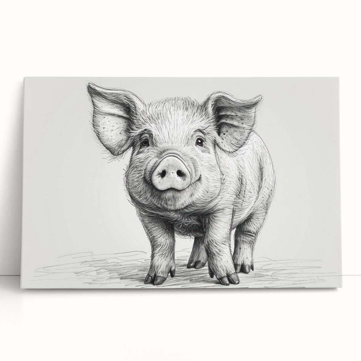 Stretched canvas wall art featuring a colorful pig design inspired by wildlife, leaning against a wall, perfect for adding a whimsical touch to home decor.