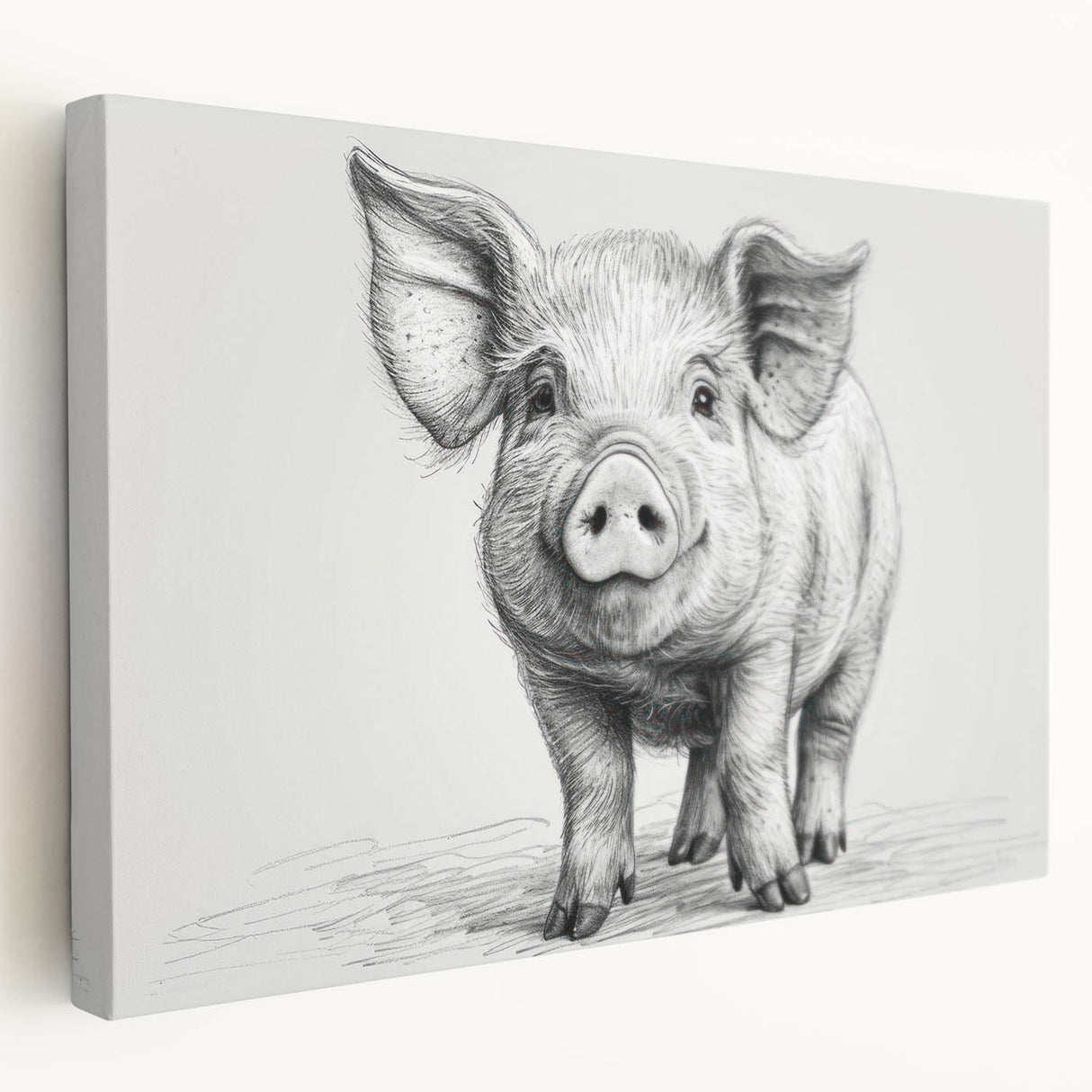 Side view of a stretched canvas wall art featuring a whimsical pig design, showcasing vibrant colors and playful details, ideal for animal lovers and home decor enthusiasts.