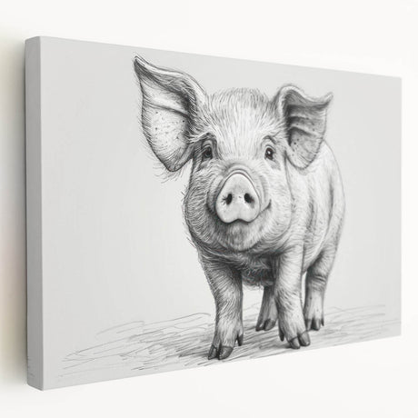 Side view of a stretched canvas wall art featuring a whimsical pig design, showcasing vibrant colors and playful details, ideal for animal lovers and home decor enthusiasts.