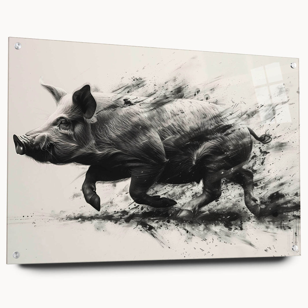 Acrylic glass wall art showcasing a side view of a whimsical pig design, featuring vibrant colors and intricate details, perfect for animal lovers' decor.