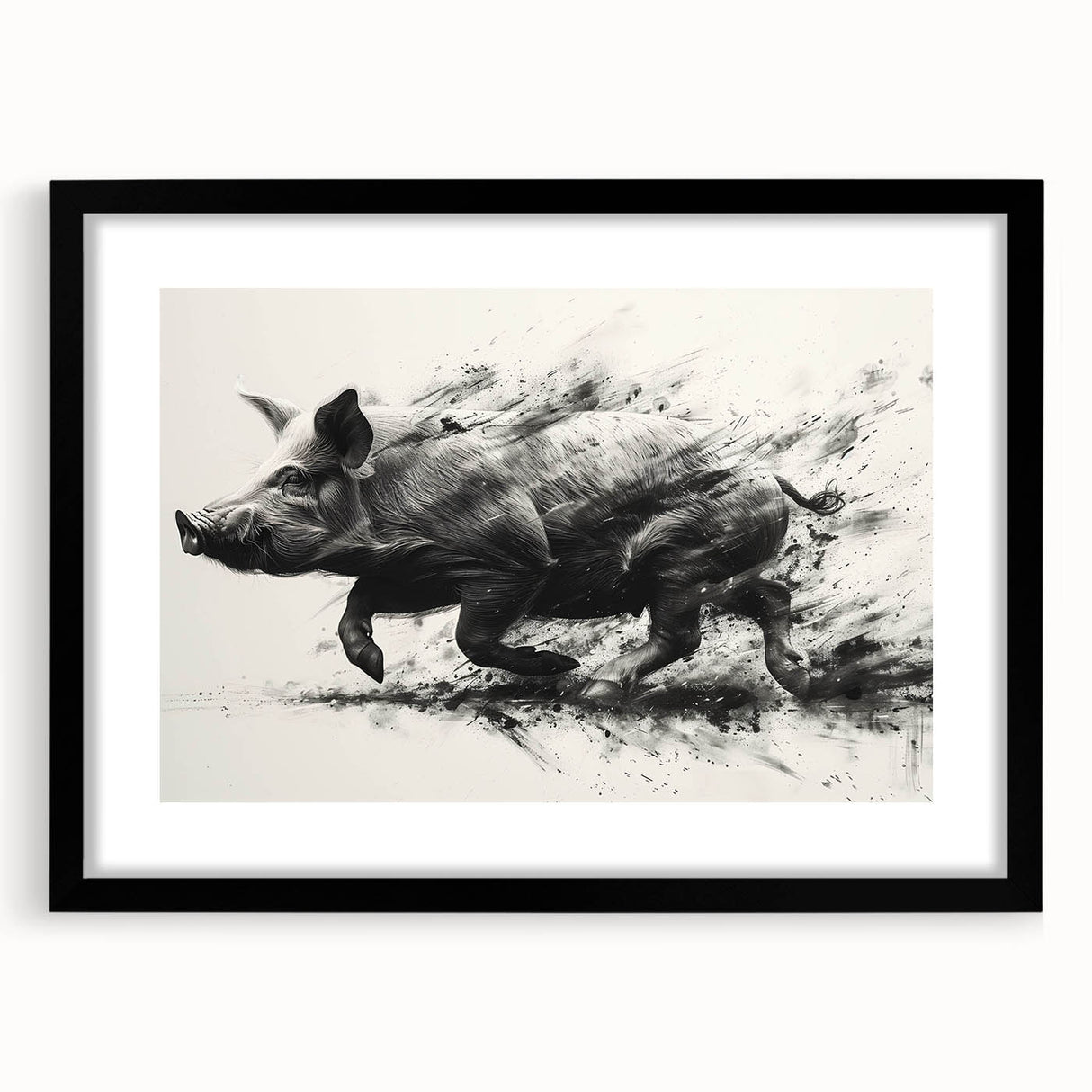 Framed wall art featuring a whimsical pig design in a black frame, ideal for adding a playful touch to home decor. The artwork is enhanced with a mat, showcasing vibrant colors and a charming illustration that captures the essence of wildlife. Perfect for animal lovers and modern interiors.