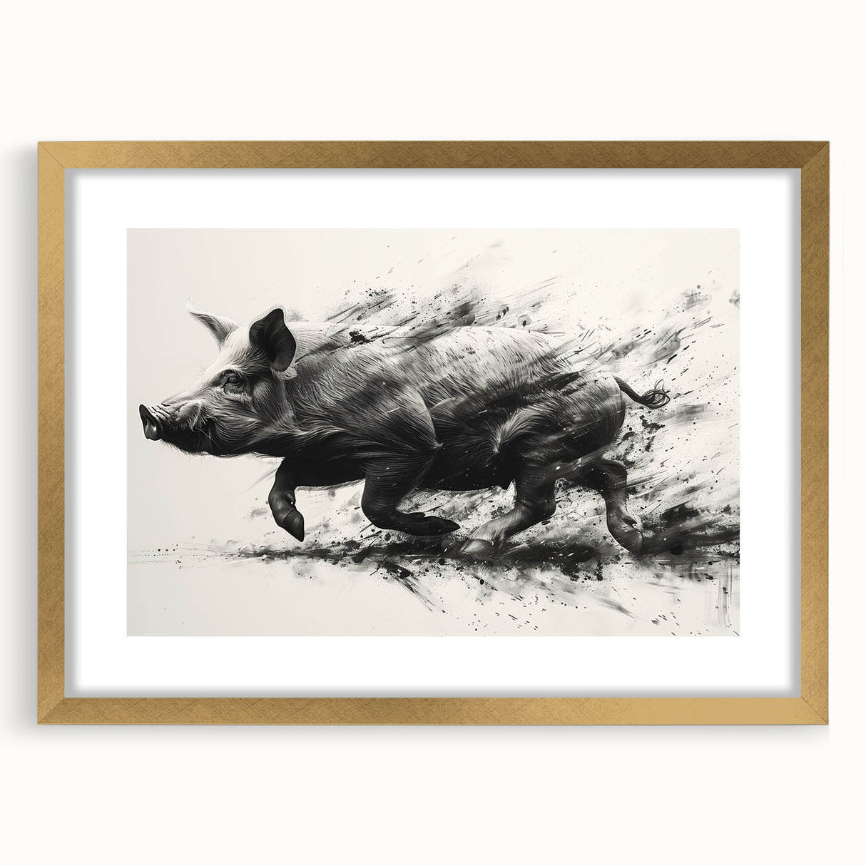 Elegant framed wall art collection featuring a whimsical pig design, highlighted by a gold mat and frame, perfect for animal lovers and home decor enthusiasts.