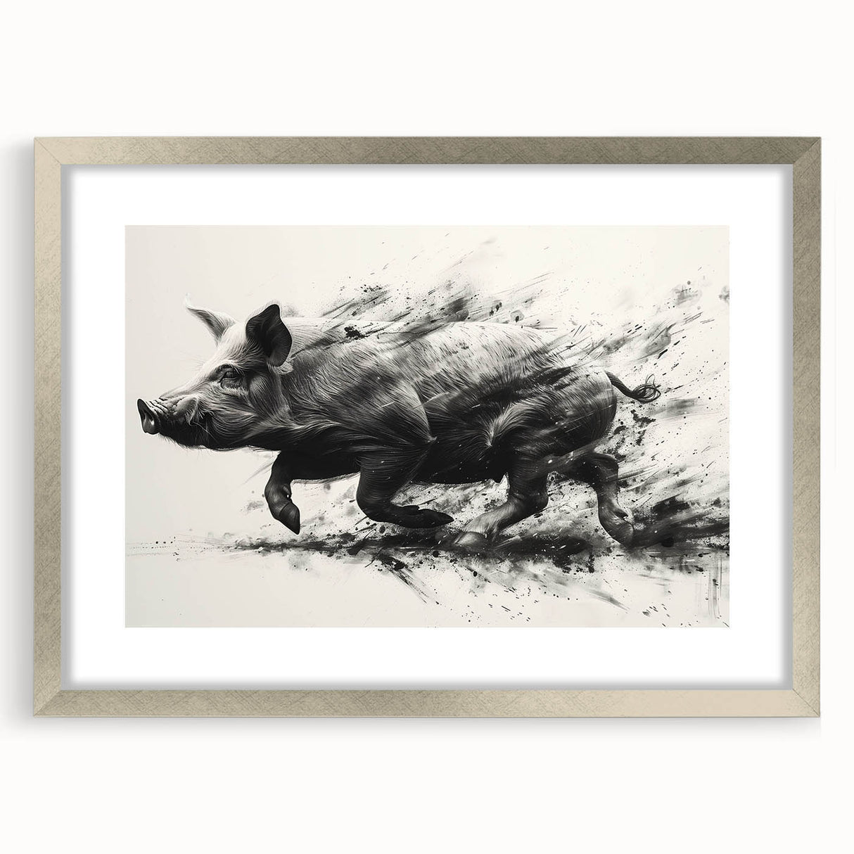 Silver-framed wall art featuring a whimsical pig design, perfect for animal lovers, displayed with a mat for added elegance in a modern setting.