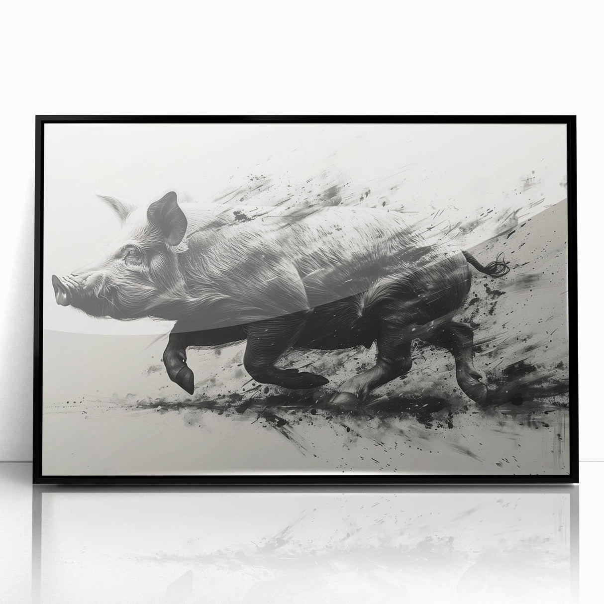 Framed wall art featuring a playful pig design from the "Animals A Wild Life" collection, set in a sleek black frame, perfect for animal lovers' home decor.