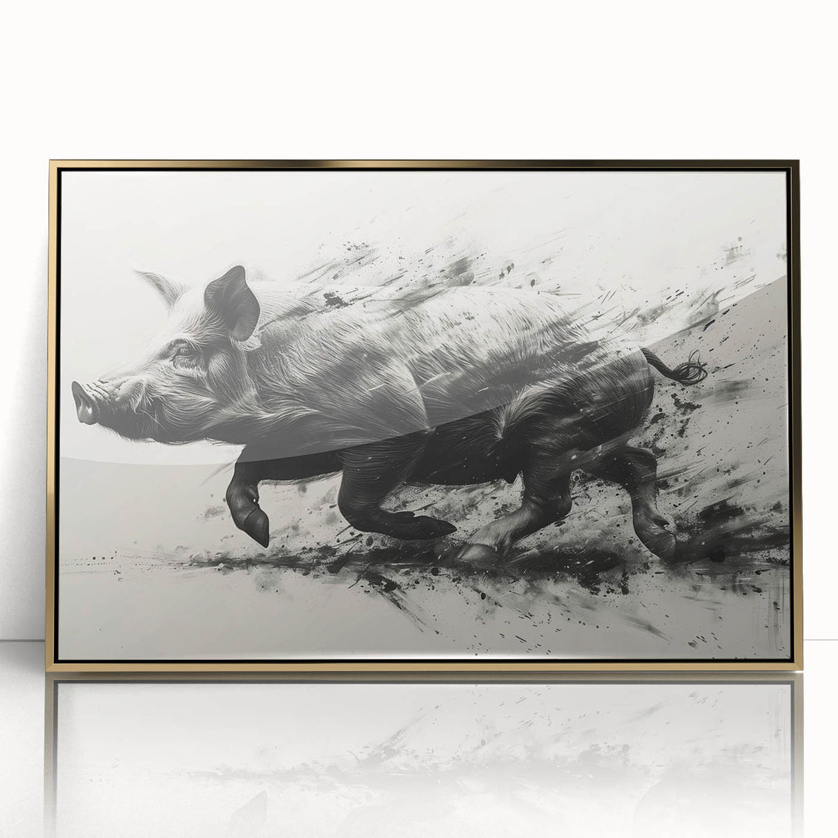 Framed wall art featuring a whimsical pig design with gold accents, displayed against a clean background, perfect for adding a playful touch to home decor.