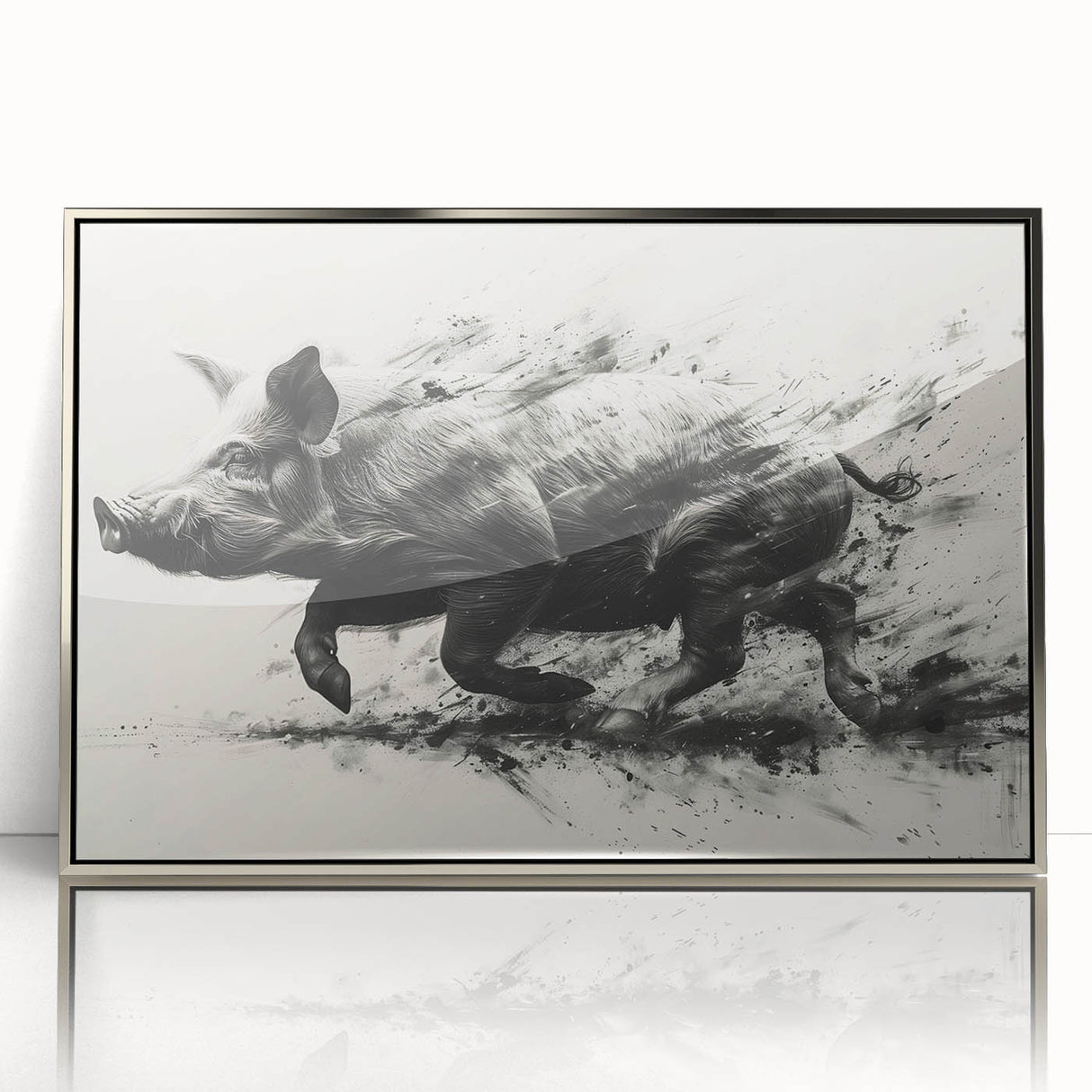 Framed wall art featuring a whimsical pig design in a vibrant, colorful style, displayed with a sleek silver frame, perfect for animal lovers and home decor enthusiasts.