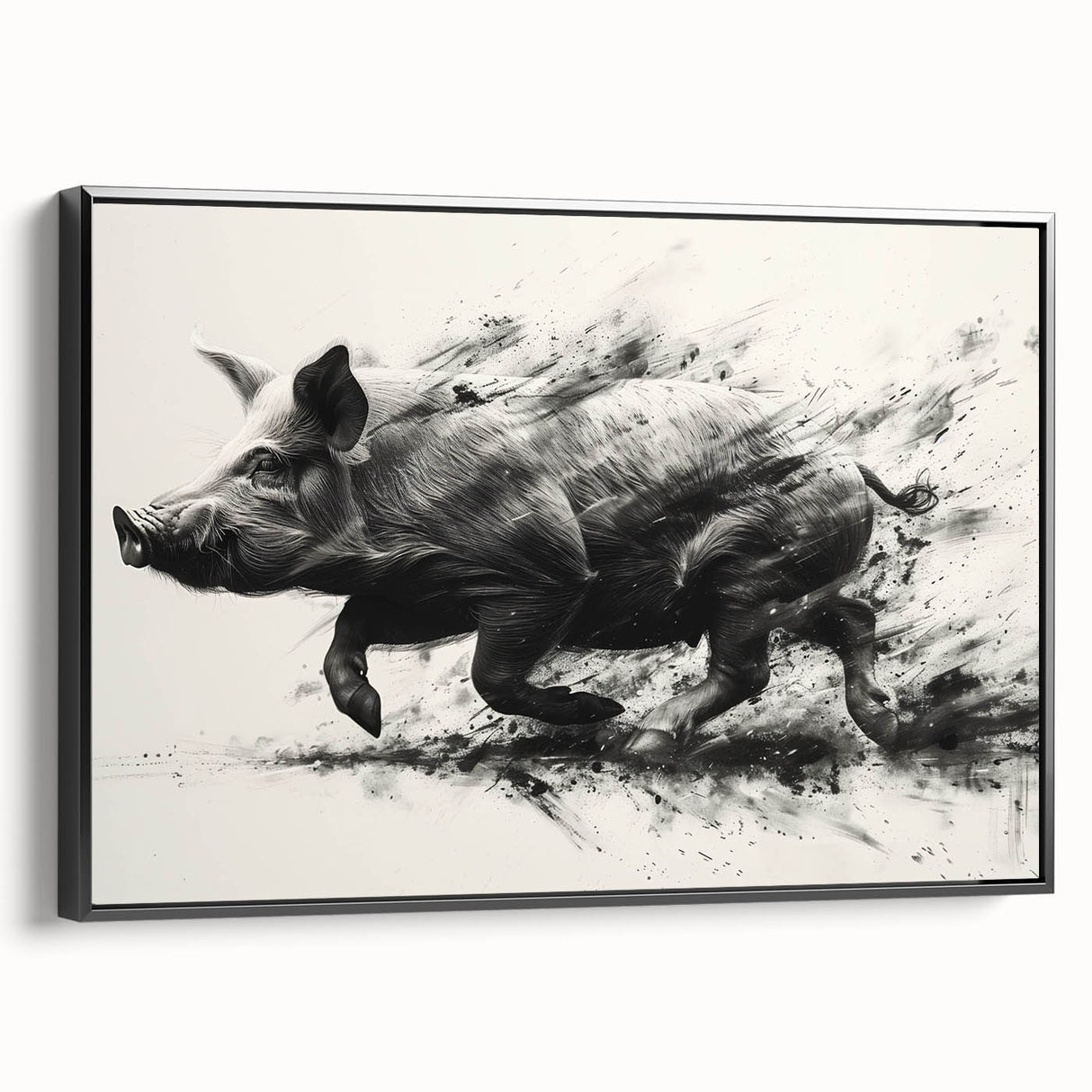Framed canvas wall art featuring a unique pig design with vibrant colors and intricate details, ideal for animal lovers and home decor enthusiasts. The artwork showcases a side view, highlighting its contemporary style and artistic flair.