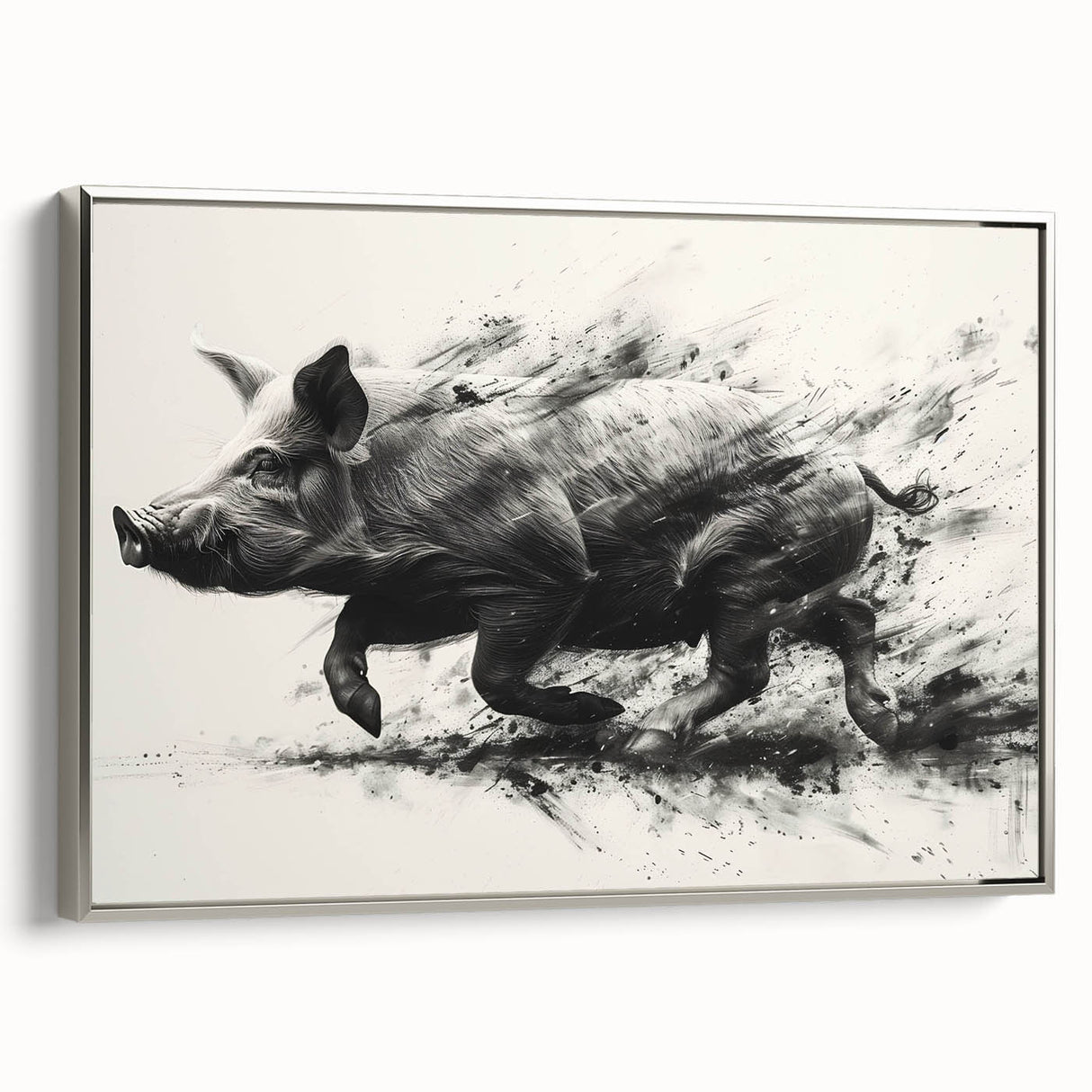 Framed canvas wall art showcasing a whimsical pig design in a silver frame, emphasizing vibrant colors and playful details, perfect for animal lovers’ decor.