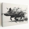 Stretched canvas wall art showcasing a whimsical pig design in vibrant colors, perfect for animal lovers and home decor enthusiasts, displayed in a side view.