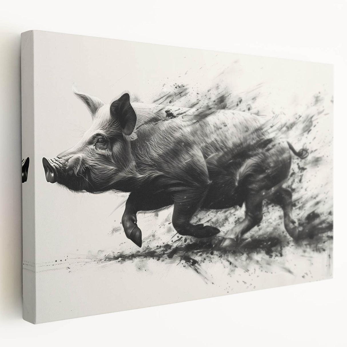 Stretched canvas wall art showcasing a whimsical pig design in vibrant colors, perfect for animal lovers and home decor enthusiasts, displayed in a side view.