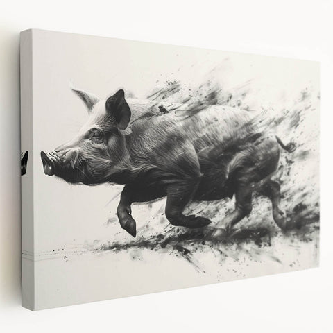Stretched canvas wall art showcasing a whimsical pig design in vibrant colors, perfect for animal lovers and home decor enthusiasts, displayed in a side view.