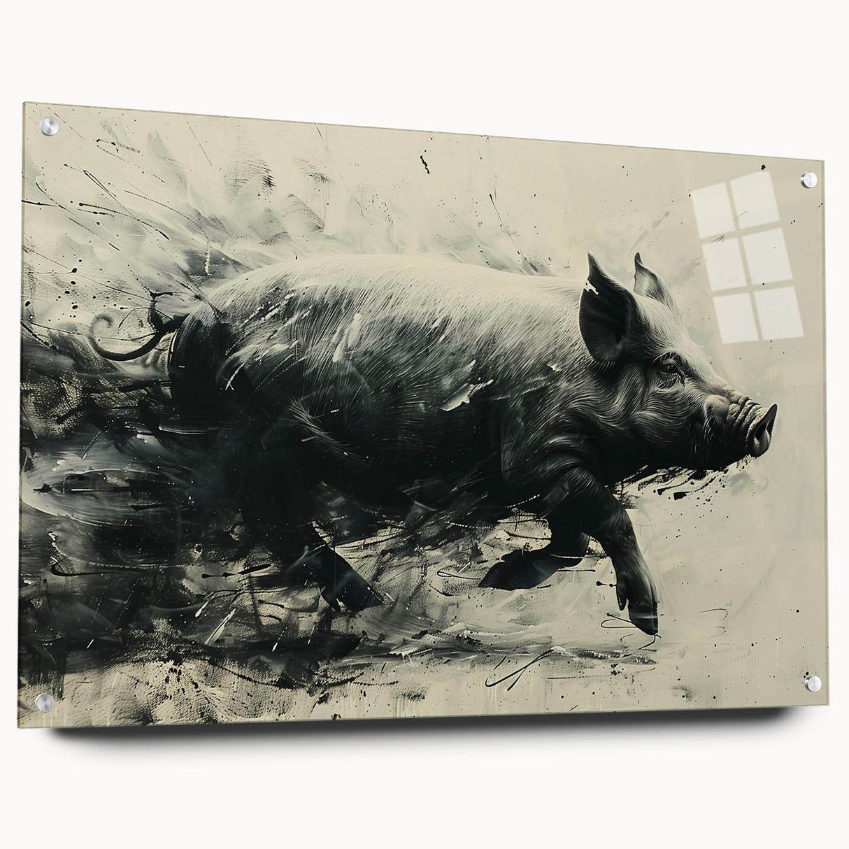 Acrylic glass wall art featuring a whimsical pig design in a side view, showcasing vibrant colors and intricate details, ideal for animal lovers and modern decor.