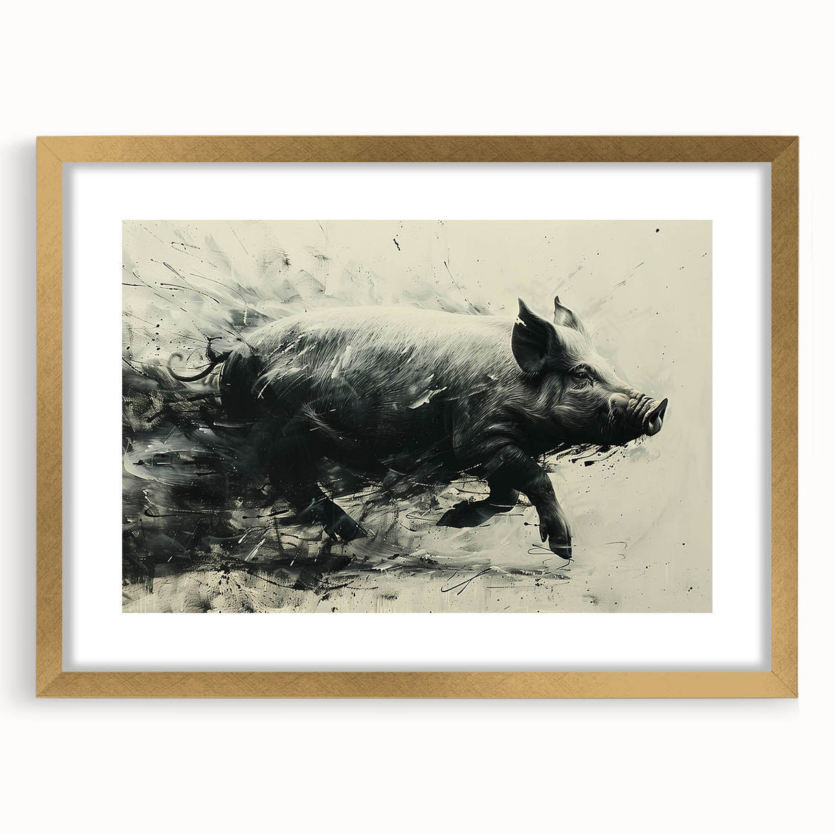 Golden-framed wall art featuring a whimsical pig design, surrounded by a white mat, perfect for animal lovers seeking unique home decor. Ideal for enhancing living spaces or as a thoughtful gift.