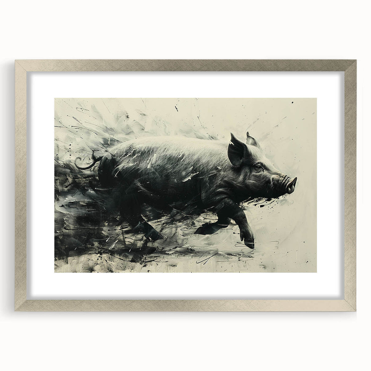 Framed wall art featuring a playful pig design in a silver frame with a mat, showcasing vibrant colors and whimsical style, ideal for animal lovers and home decor.
