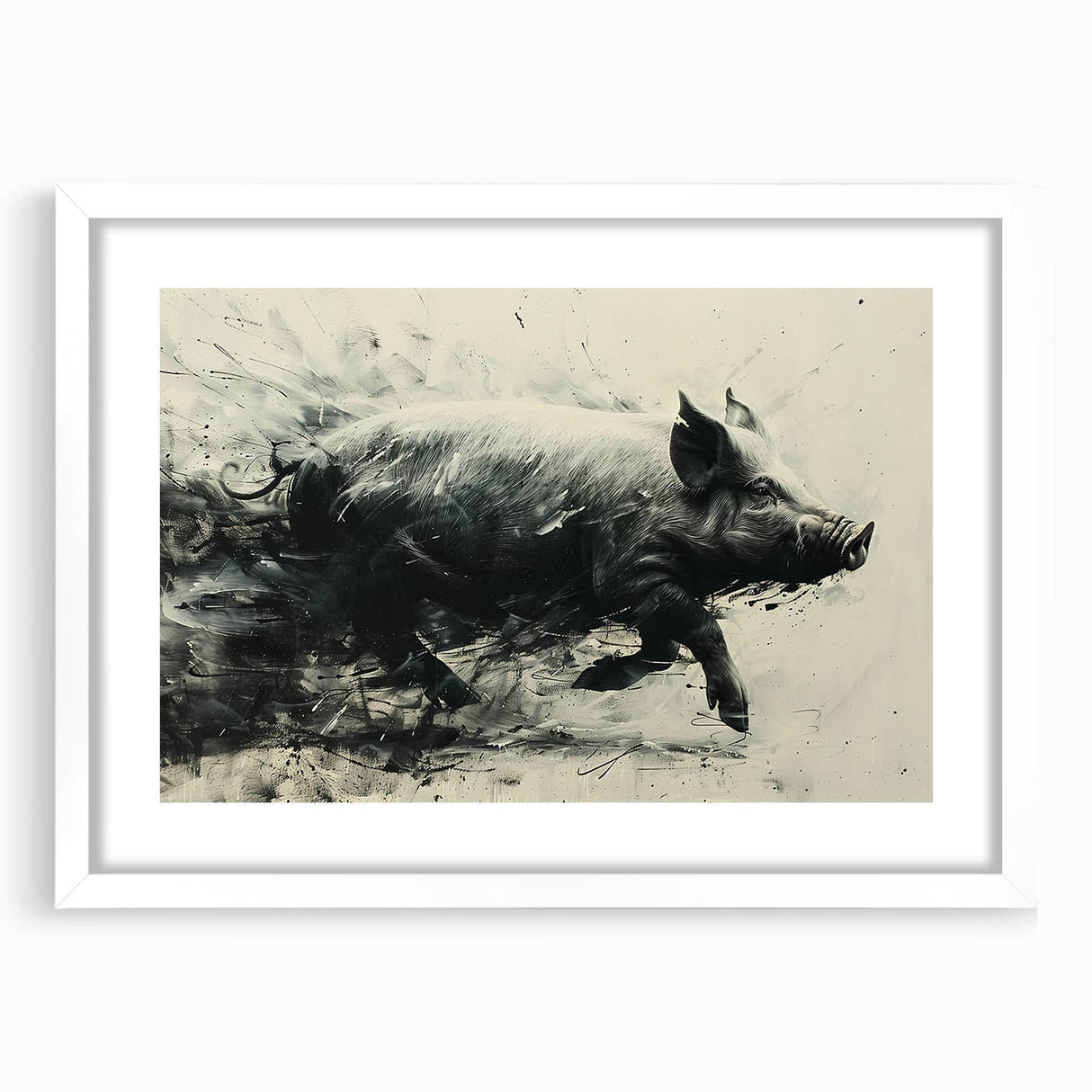 Framed wall art featuring a whimsical pig design, set against a white mat, showcasing vibrant colors and playful details, perfect for animal lovers' decor.