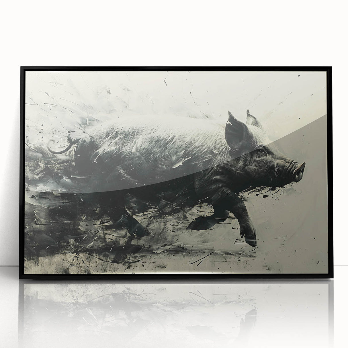 Framed wall art featuring a contemporary pig design in black acrylic, showcasing intricate details and vibrant colors, perfect for modern home decor.