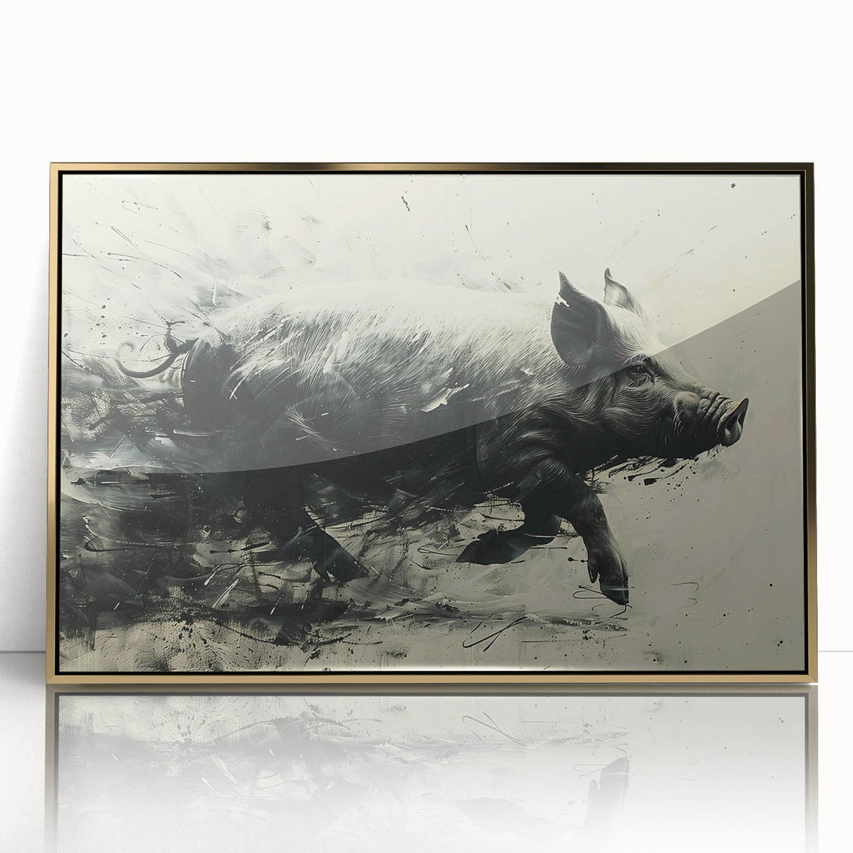 Framed wall art featuring a whimsical pig design set against a gold acrylic background, perfect for adding a playful touch to home decor.