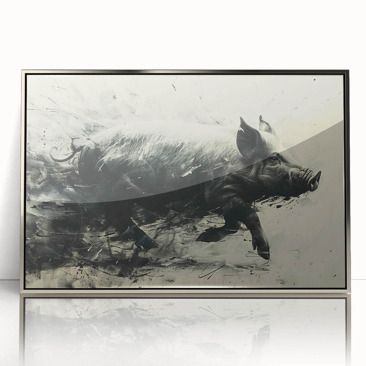 Framed acrylic wall art featuring a whimsical pig design in a silver frame, showcasing vibrant colors and playful details, perfect for animal lovers' decor.