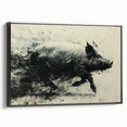 Framed wall art featuring a whimsical pig design from the "Animals A Wild Life" collection, set against a black background, showcasing vibrant colors and playful details. Ideal for animal lovers and modern decor enthusiasts, this unique canvas piece adds charm to any space.