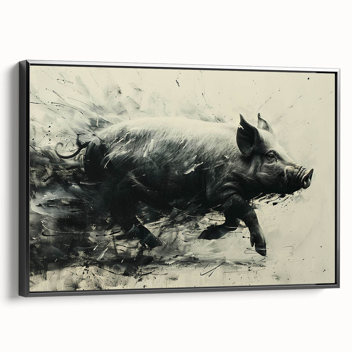 Framed wall art featuring a whimsical pig design from the "Animals A Wild Life" collection, set against a black background, showcasing vibrant colors and playful details. Ideal for animal lovers and modern decor enthusiasts, this unique canvas piece adds charm to any space.