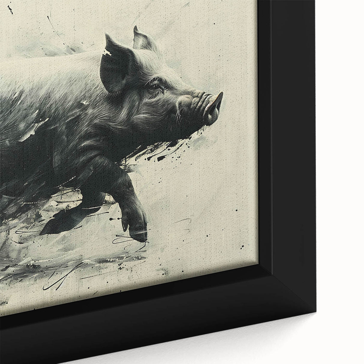 Close-up of a framed canvas wall art featuring a vibrant pig design from the Animals A Wild Life collection, showcasing intricate details and bold colors. Perfect for animal lovers and home décor enthusiasts, this piece adds a playful touch to any room.