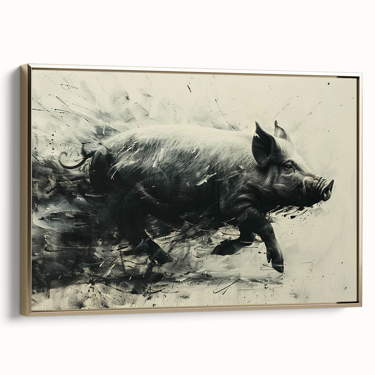Framed wall art featuring a whimsical pig design in a gold frame, showcasing vibrant colors and playful details, perfect for animal lovers and home decor enthusiasts.