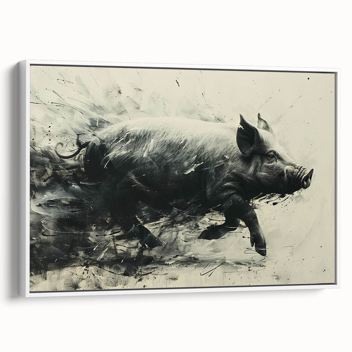 Framed canvas wall art showcasing a whimsical pig design in a white frame, viewed from the side, perfect for animal lovers and playful decor enthusiasts.