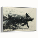 Framed canvas wall art showcasing a whimsical pig design in a white frame, viewed from the side, perfect for animal lovers and playful decor enthusiasts.