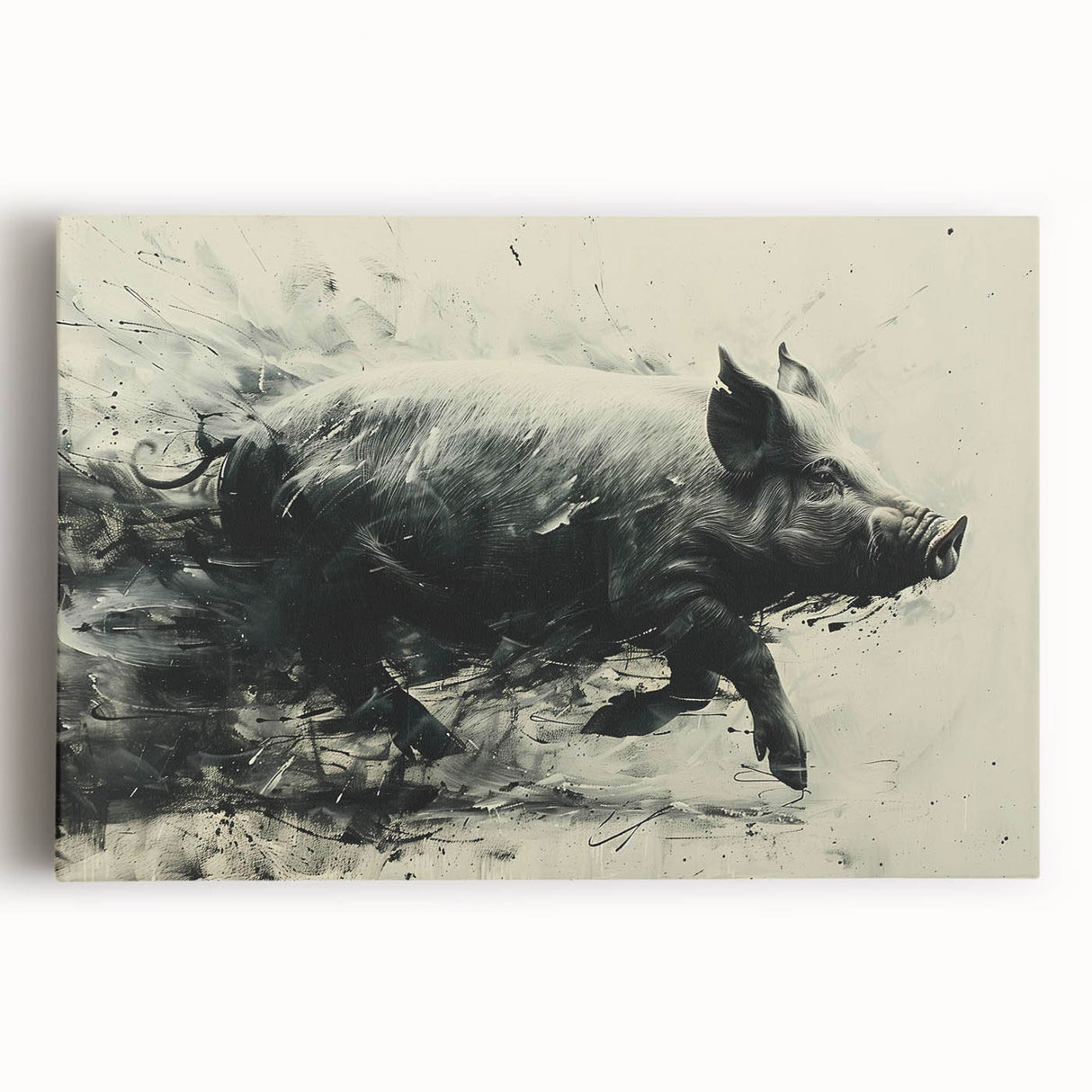Colorful pig design wall art on stretched canvas showcasing vibrant hues and playful details, perfect for animal lovers' home decor. Ideal for adding a whimsical touch to any room.