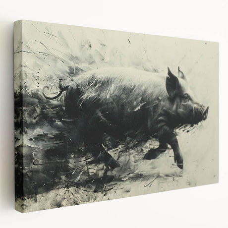 Side view of a stretched canvas wall art featuring a playful pig design, showcasing vibrant colors and intricate details, perfect for animal lovers' decor.