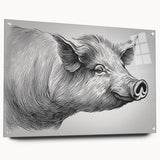 Side view of an acrylic glass wall art piece showcasing a colorful pig design from the 'A Wild Life' collection, elegantly mounted with pins for display.